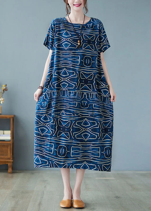 chic dressItalian Blue O-Neck Geometric Print Pockets Cotton Maxi Dress Short Sleeve