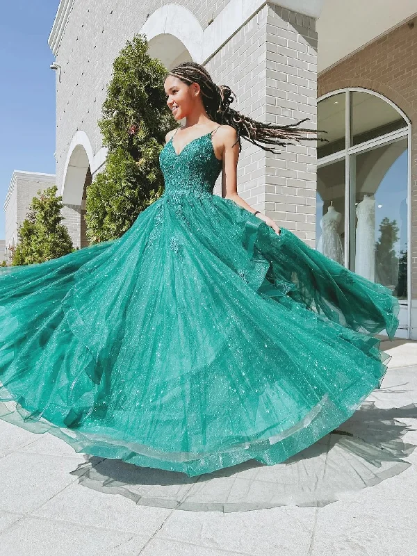 Price Rollback stylish party dressstylish party dressShiny A Line V Neck Open Back Green Lace Long Prom Dresses, Green Lace Formal Graduation Evening Dresses SP3090