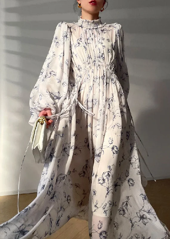Price Cut wrap dresswrap dressModern White Stand Collar Ruffled Print Exra Large Hem Silk Cinch Dress Long Sleeve