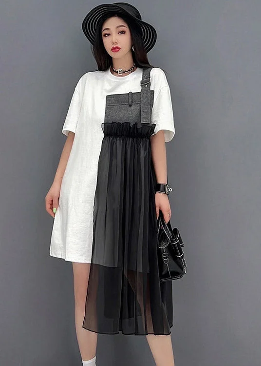 draped dressFrench Black O-Neck Denim Tulle Patchwork Dress Short Sleeve