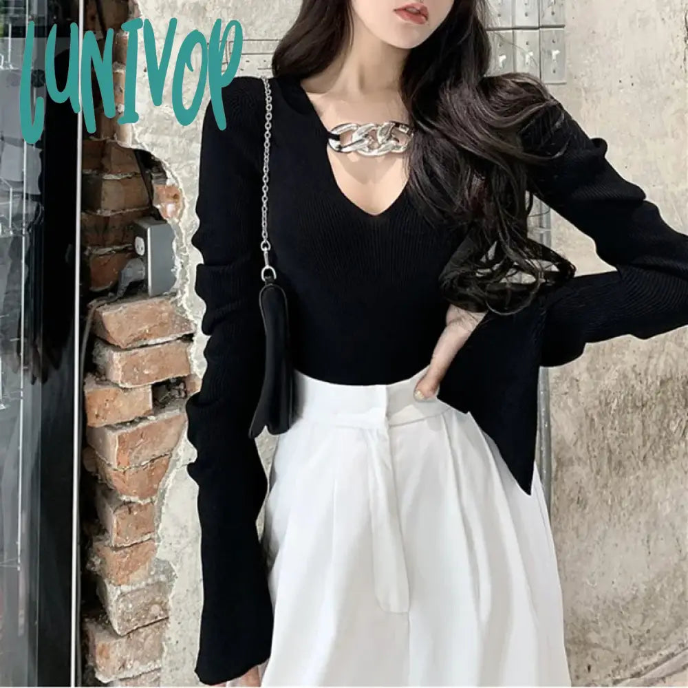 Deal Zone Lunivop Sexy Hollow Out Slim Women Sweater Autumn Winter V-neck Long Sleeve Knitting Pullover Soft Casual Jumper