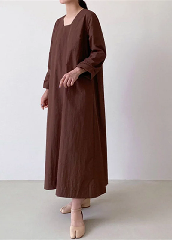 Closeout Sale casual shift dresscasual shift dressLight Brown Square Collar Linen Maxi Dress Long Sleeve