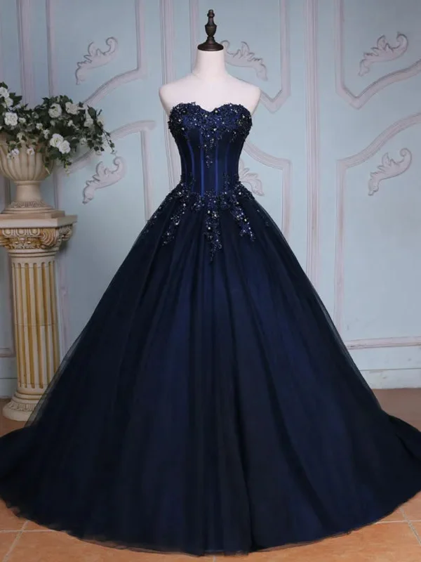 Final Clearance puff sleeve dresspuff sleeve dressStrapless Navy Blue Lace Sequins Long Prom Dresses with Train, Navy Blue Lace Formal Evening Dresses, Navy Blue Ball Gown SP2893