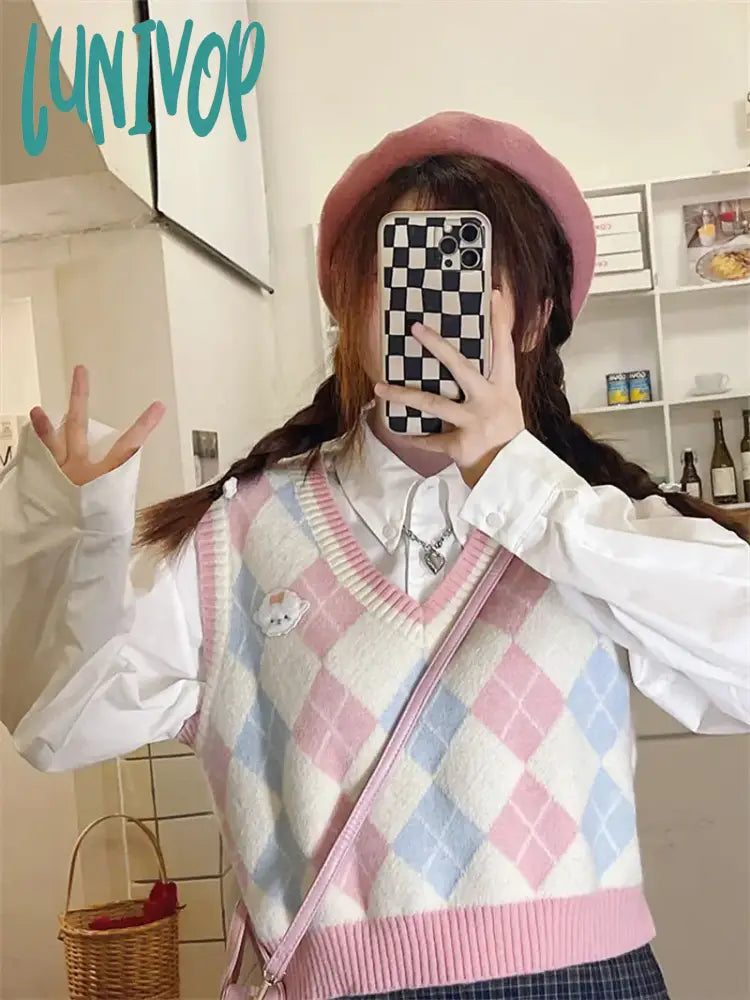 Price Slash Lunivop Sweet Light Pink Argyle V-neck Sweater Vest 2024 Spring New Sleeveless Tops Women Y2k E-Girl Slim Fit Knitted Pullover