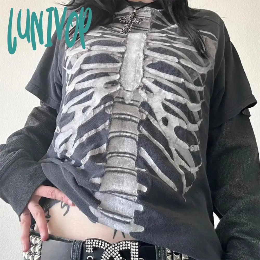 Markdowns Lunivop 2000s Retro E-girl Gothic Skull Cute Tops Y2K Grunge Cyber Layered Sleeve T-shirt 90s Vintage Mall Goth Harajuku Pullovers Tees