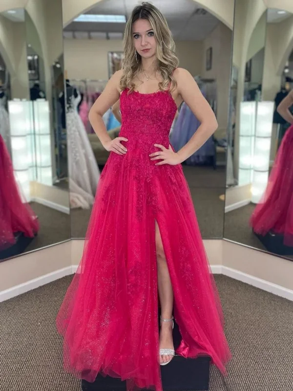Amazing Deals off-the-shoulder dressoff-the-shoulder dressA Line Open Back Hot Pink Lace Long Prom Dresses with High Slit, Hot Pink Lace Formal Graduation Evening Dresses SP2904
