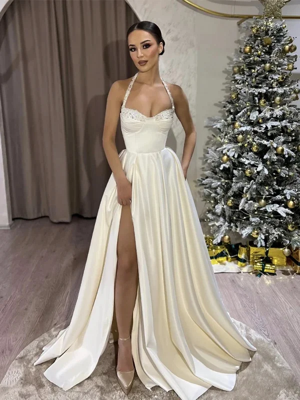 Price Rollback relaxed fit dressrelaxed fit dressA Line Sequins Top White Satin Long Prom Dresses with High Slit, Long White Formal Graduation Evening Dresses SP2892