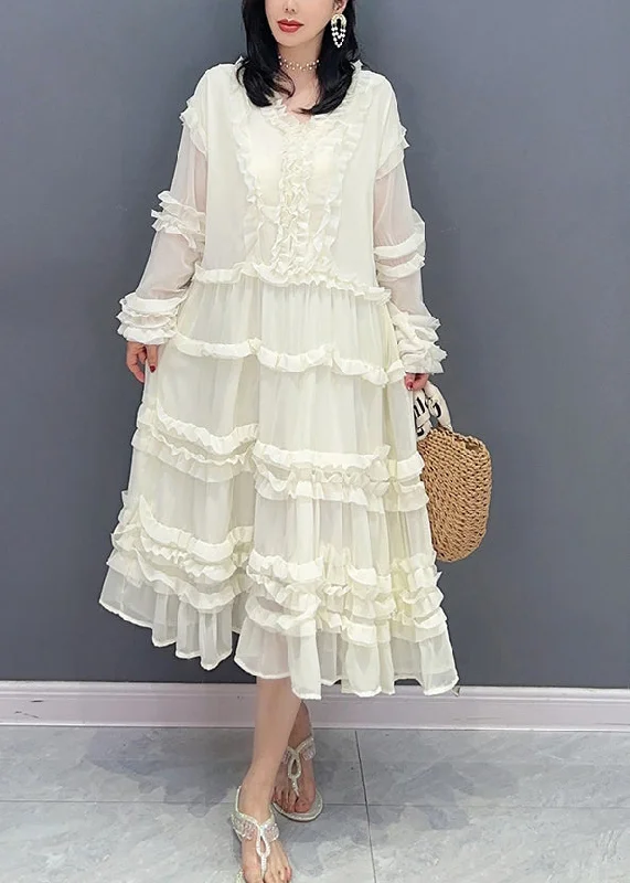 boho dressBrief White V Neck Ruffled Solid Chiffon Long Dress Spring