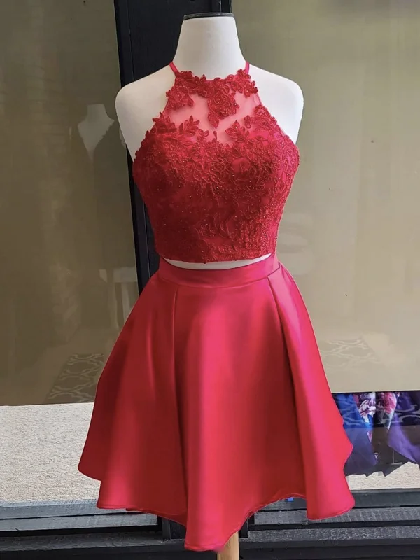 Year-End Clearance boho-chic dressboho-chic dressTwo Pieces Red Lace Short Prom Dresses, 2 Pieces Red Homecoming Dresses, Red Lace Formal Graduation Evening Dresses SP2100