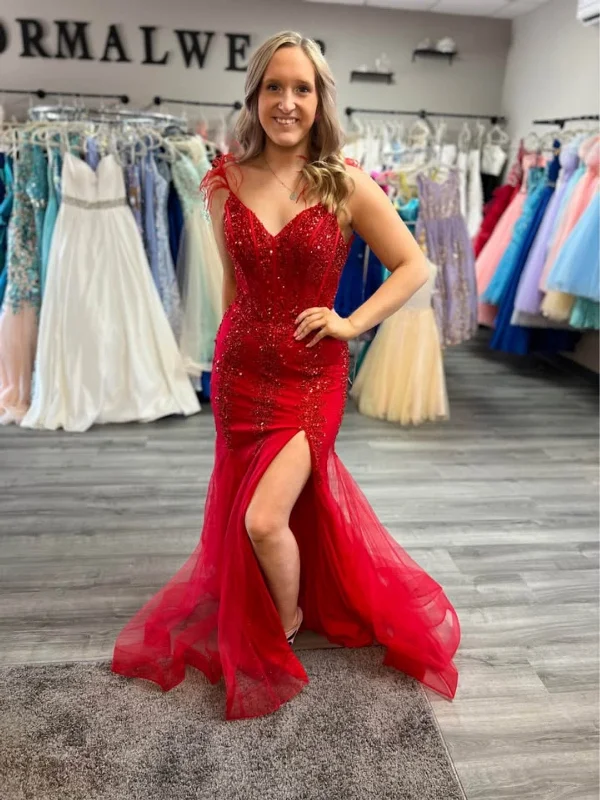 Exclusive Deal elegant dresselegant dressV Neck Open Back Mermaid Red Lace Long Prom Dresses with Leg Slit, Mermaid Red Formal Dresses, Red Lace Evening Dresses SP3077