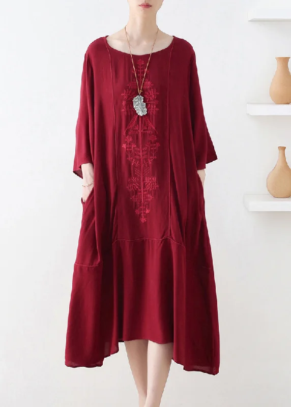 pleated maxi dressNatural Red O-Neck Print Draping Long Dress Fall