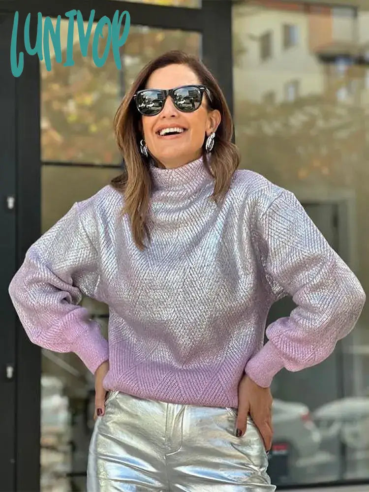 New Markdowns Lunivop Sparkling Metal Gradient Color Knit Sweater Women Fashion High Collar Long Sleeves Pullover Tops Elegant Female High Streetwear
