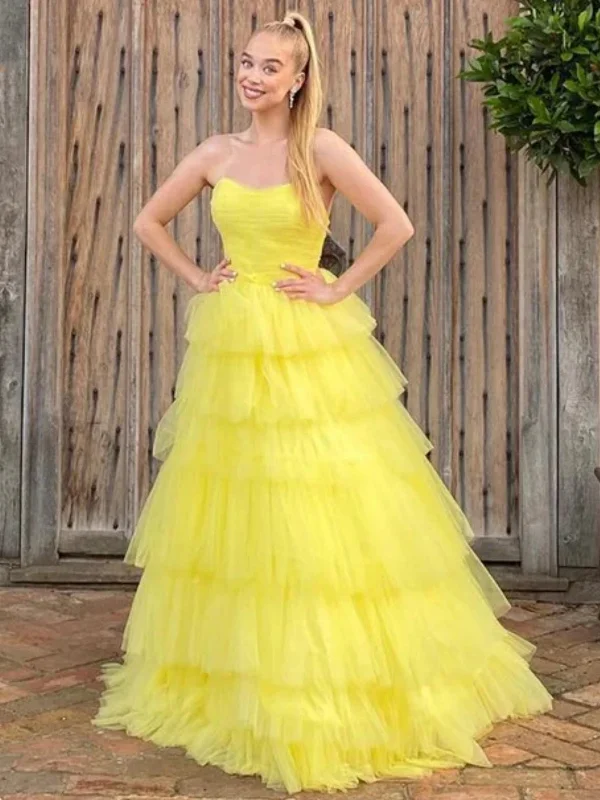 Year-End Clearance fitted dressfitted dressStrapless Yellow Tulle Layered Long Prom Dresses, Yellow Formal Evening Dresses, Ball Gown SP2649