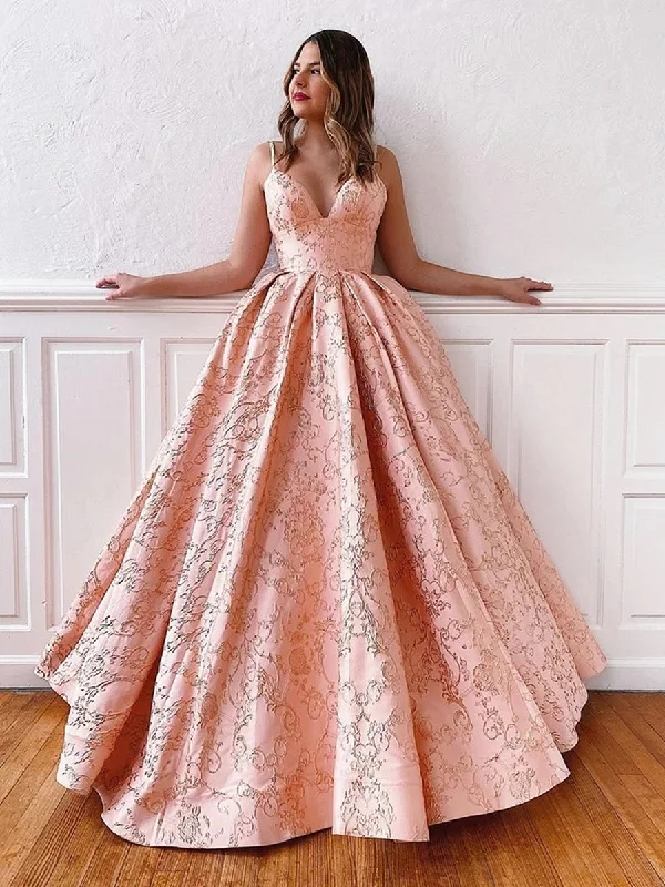 Stock Clearance high-waisted dresshigh-waisted dressV Neck Backless Pink Lace Prom Dresses with Corset Back, Pink Lace Formal Dresses, Lace Evening Dresses, Pink Ball Gown