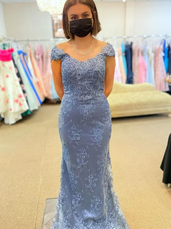 Limited Edition layered dresslayered dressMermaid Off Shoulder Beaded Blue Lace Long Prom Dresses, Mermaid Blue Formal Dresses, Blue Lace Evening Dresses SP2382