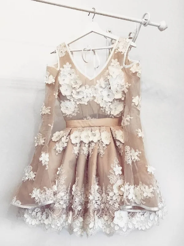 Super Deal ruched dressruched dressCute Long Sleeves Short Champagne Floral Prom Dresses, Champagne Floral Formal Graduation Homecoming Dresses