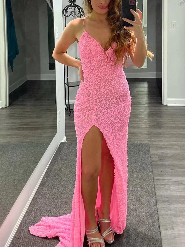 Lowest Prices casual knit dresscasual knit dressShiny Sequins V Neck Mermaid Pink Long Prom Dresses with High Slit, Mermaid Pink Formal Graduation Evening Dresses SP2288