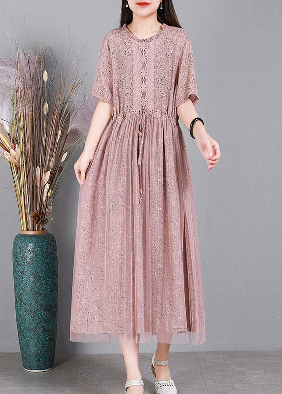 off-shoulder dressPink O-Neck Embroideried Floral Tulle Long Dresses Summer