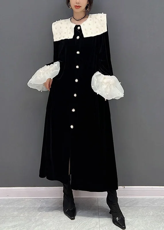 Value Deals chic slip dresschic slip dressElegant Black Peter Pan Collar Patchwork Nail Bead Silk Velour Dresses Spring