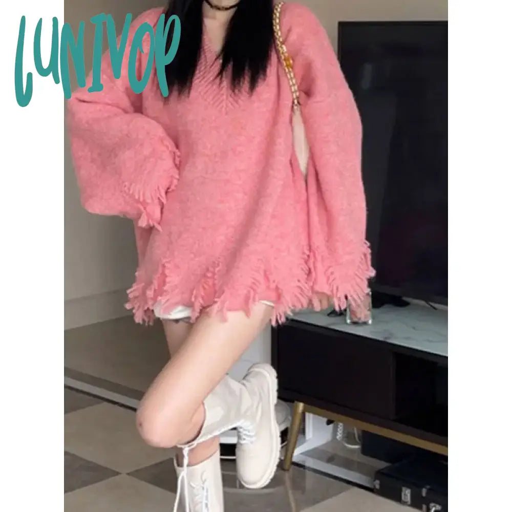 Deal Explosion Lunivop Autumn Winter New Women's Solid Color V-Neck Tassel Design Pullovers Sweater Fashion Vintage Loose Casual Long Sleeve Tops