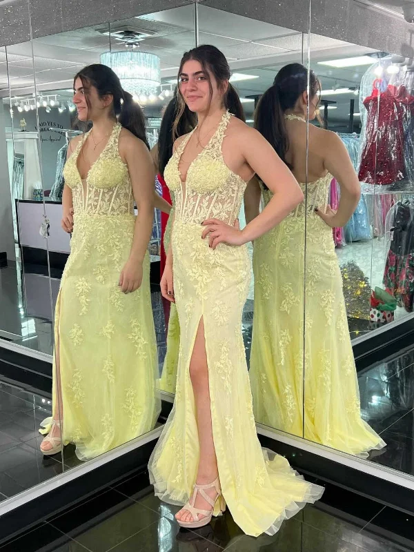 Great Deals sleek dresssleek dressHalter V Neck Open Back Mermaid Yellow Lace Long Prom Dresses with High Slit, Mermaid Yellow Formal Dresses, Yellow Lace Evening Dresses SP2852