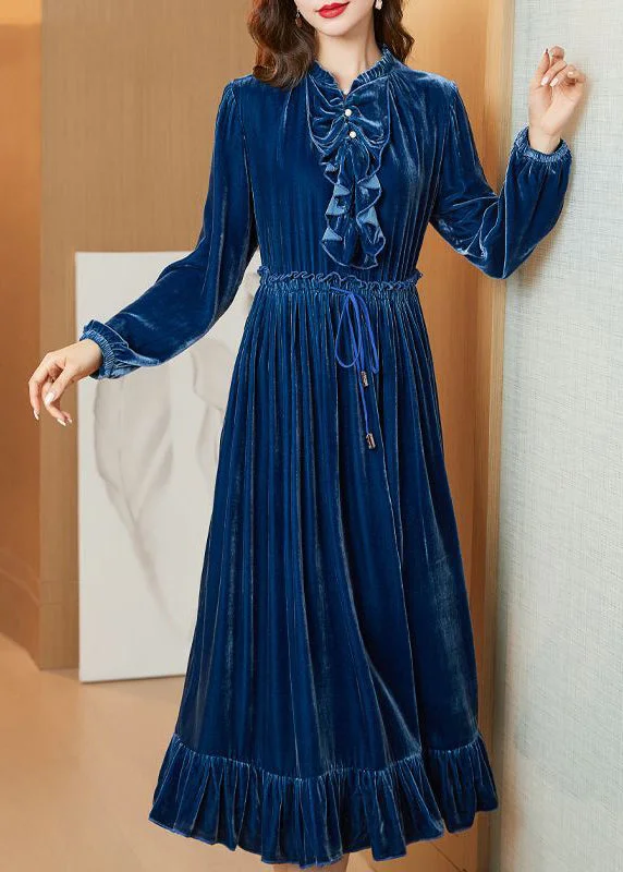 fitted dressBoho Navy Cinched Patchwork Ruffles Silk Velour Long Dress Spring