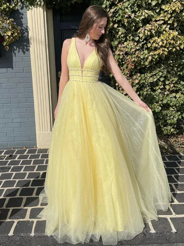 Must-Have Deals printed dressprinted dressA Line V Neck Open Back Yellow Tulle Long Prom Dresses, Yellow Tulle Formal Evening Dresses with Belt2 SP2666