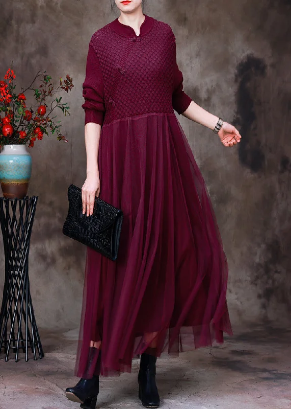 ruffle dressDIY Purple Stand Collar Tulle Patchwork Knit Mid Dress Long Sleeve