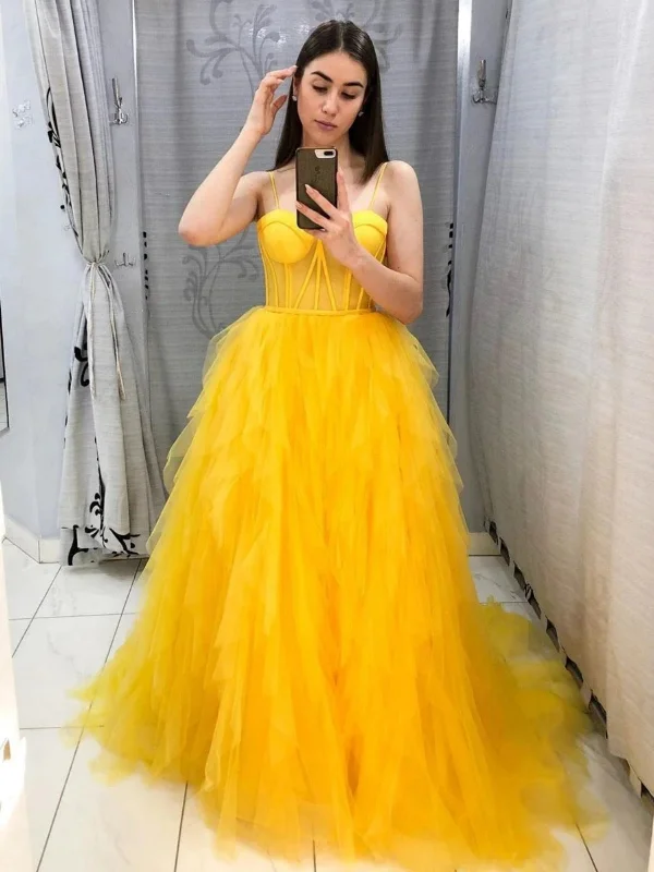Bonus Savings spaghetti strap dressspaghetti strap dressSweetheart Neck Fluffy Yellow Tulle Long Prom Dresses, Yellow Formal Evening Dresses, Ball Gown SP2663