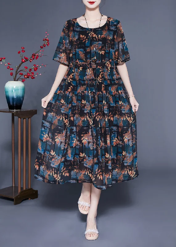 Year-End Sale trendy dresstrendy dressItalian Black O-Neck Oversized Print Silk Vaction Dress Summer