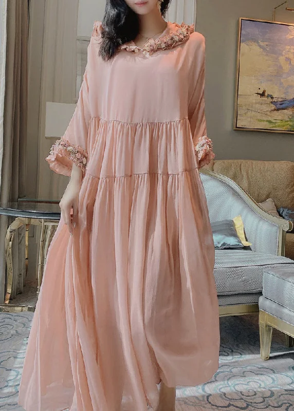 Huge Savings textured dresstextured dressSimple Pink Floral Wrinkled Hoold Silk Maxi Dresses Flare Sleeve