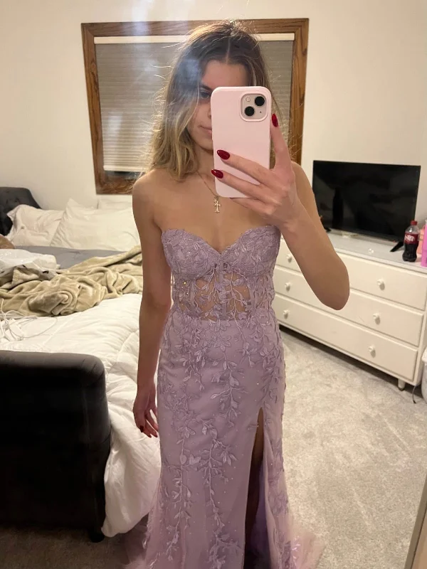 Massive Deals luxury dressluxury dressMermaid Strapless Lilac Lace Long Prom Dresses with High Slit, Mermaid Lilac Formal Dresses, Purple Lace Evening Dresses SP3091