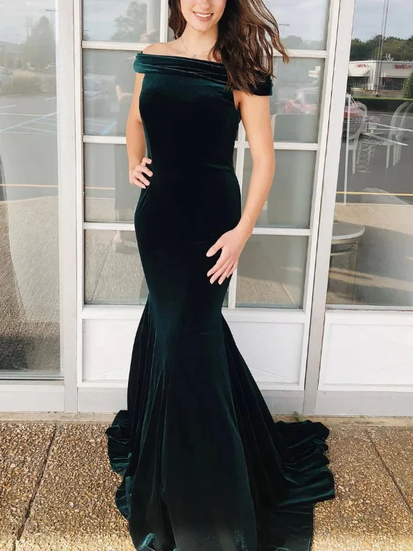 Special Buy chic shift dresschic shift dressOff Shoulder Mermaid Dark Green Velvet Long Prom Dresses, Mermaid Dark Green Formal Graduation Evening Dresses SP2811