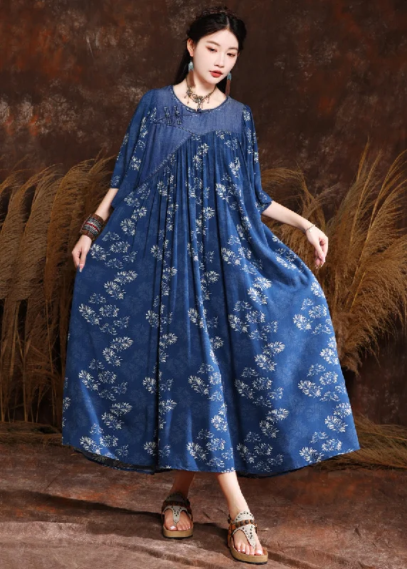 trendy wrap dressFrench Blue Print Wrinkled Denim Long Dress Half Sleeve