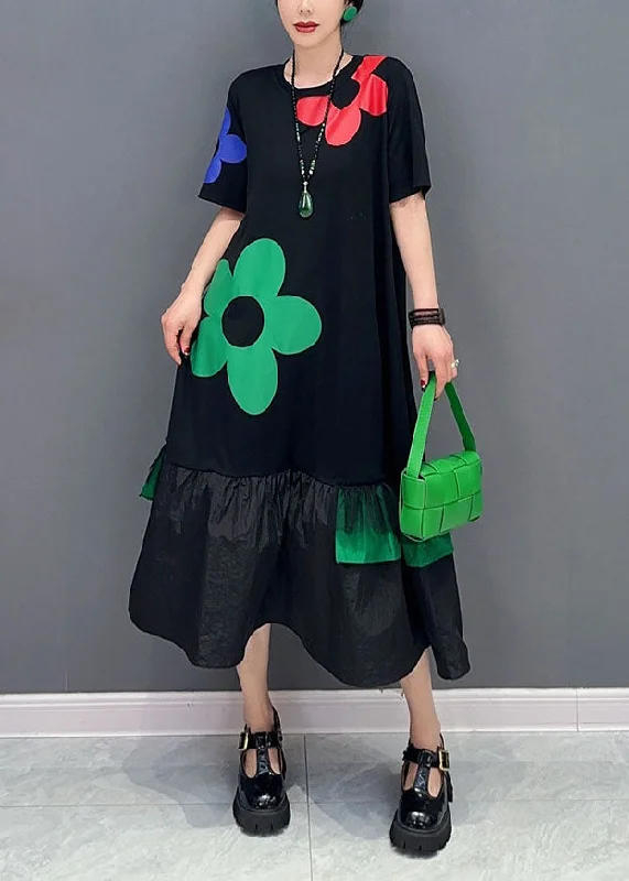 Can't Miss boho dressboho dressArt Black Floral Patchwork Ruffles Cotton Long Dresses Summer