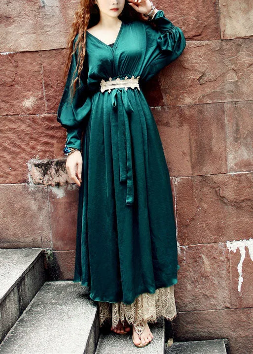 Deal Mania draped dressdraped dressFrench Blackish Green V Neck Lace Patchwork Silk Maxi Dresses Batwing Sleeve