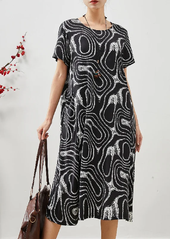 spaghetti strap dressHandmade Black Oversized Print Chiffon Vacation Dresses Summer