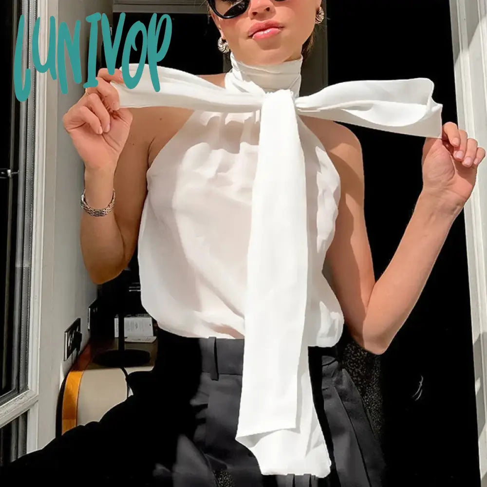 New Arrival Lunivop Fashion Elegant White Bow Lace Up Halter Neck Vest Top Women's Sleeveless Turtleneck Summer New Vest Pullover Streetwear