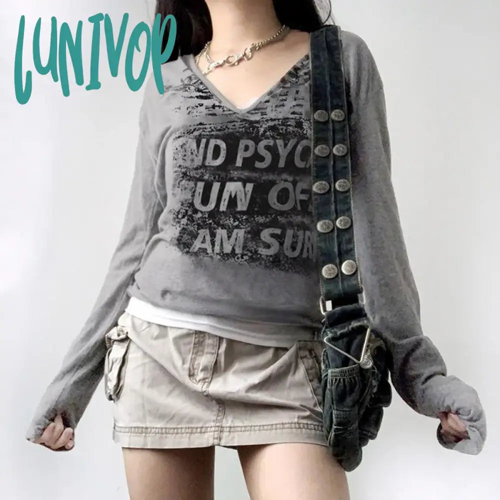 Anniversary Sale Lunivop Y2k Grunge Crop Top V Neck Grey Letter Hooded T Shirt Women Vintage Full Sleeve Aesthetic  Punk Tee