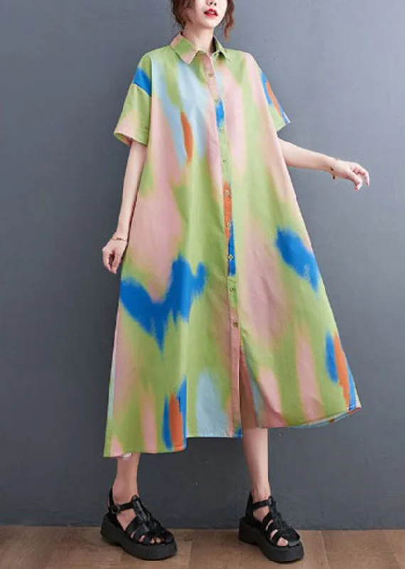 draped dressDIY Colorblock Peter Pan Collar Tie Dye Print Button Cotton Shirt Dress Short Sleeve