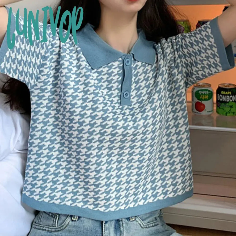 Mega Deal Lunivop 2024 Summer Vintage T Shirts Women's Knitted Short Sleeve Thin Tshirt Crop Tops Casual Loose Pullover Top