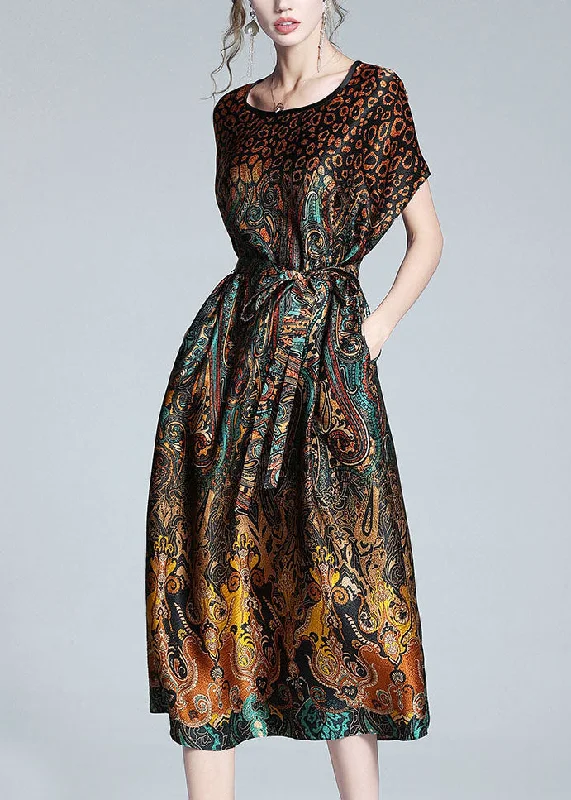 Best Deals statement dressstatement dressUnique Leopard O Neck Tie Waist Patchwork Silk Dress Summer