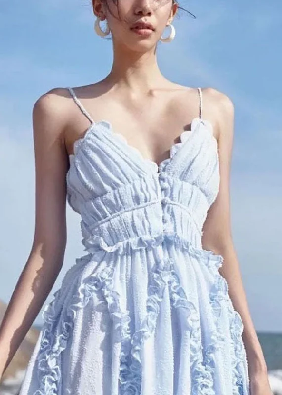 boho dressSexy Light Blue Ruffled Patchwork Backless Spaghetti Strap Dresses Vestidos Summer