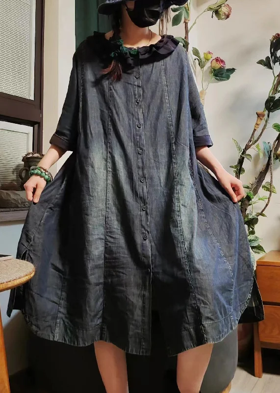 trendy dressVintage Blue Button Pockets Denim Shirts Dress Half Sleeve