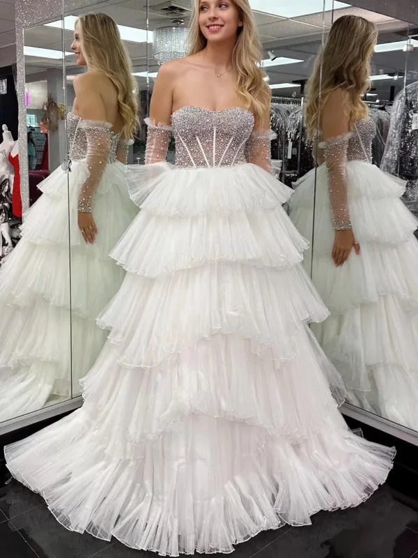 Special Discount floral midi dressfloral midi dressLong Sleeves Sweetheart Neck Beaded White Long Prom Dresses, Layered White Formal Evening Dresses, Ball Gown SP2771