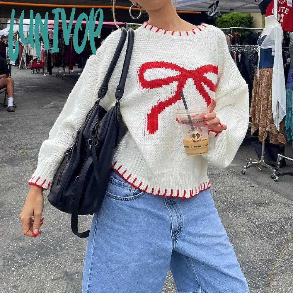 New Deals Lunivop Preppy Cute Y2K Aesthetic Grunge Knitwear Bowknot Patterm Loose Fit Knitted Sweater Autumn Winter O Neck Long Sleeve Pullovers