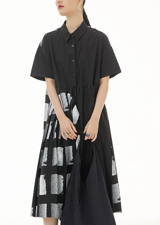 Lowest Prices denim dressdenim dressBlack Patchwork Cotton Dresses Peter Pan Collar Wrinkled Summer