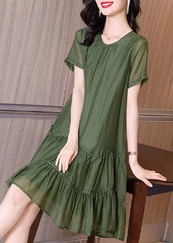 Special Buy layered dresslayered dressBoutique Blackish Green O-Neck Ruffles Cinched Vacation Dresses Short Sleeve