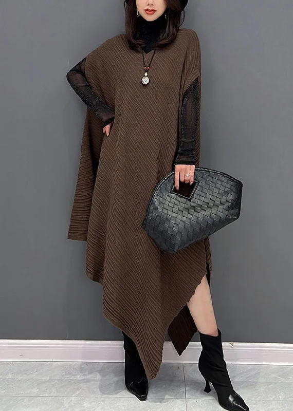 long-sleeve floral dressChic Chocolate Asymmetrical Design Wrinkled Cotton Holiday Dress Fall