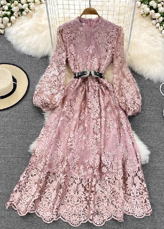 Shop and Save sophisticated dresssophisticated dressWomen Pink O-Neck Embroideried Floral Tunic Sashes Tulle Maxi Dress Lantern Sleeve